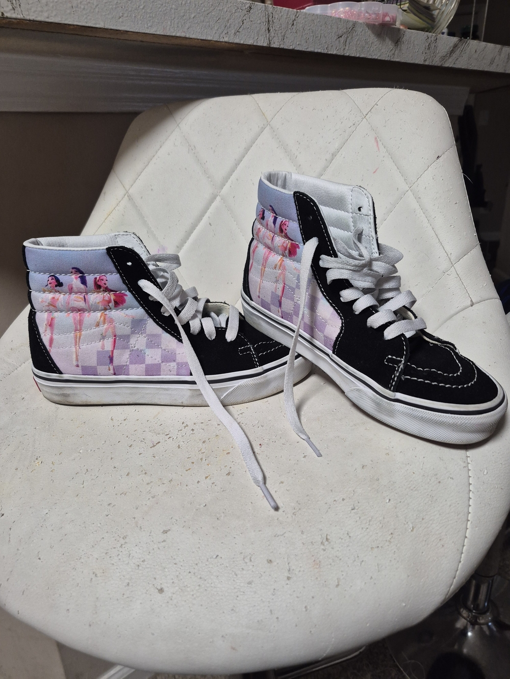 Vans Black & White High-Top Sneakers with Purple Checkerboard and Pink Drip